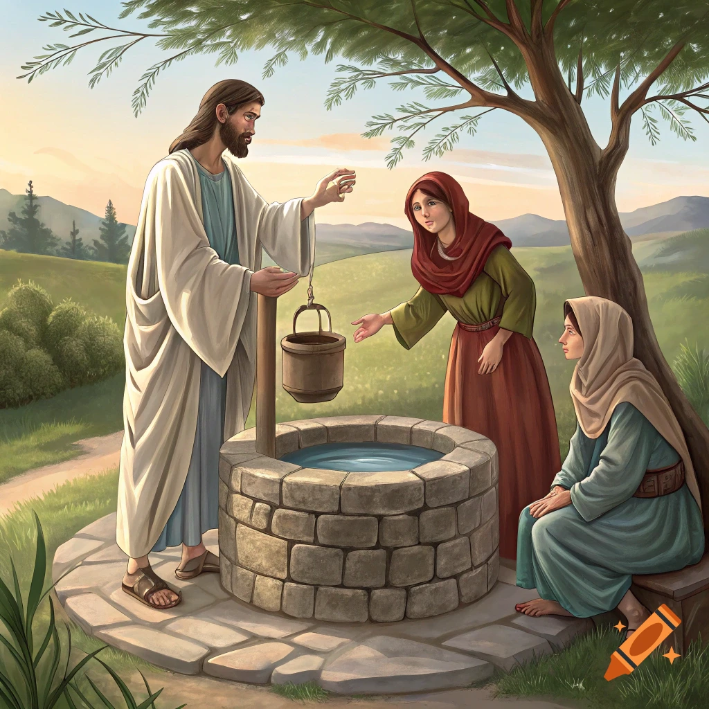 Illustration of Jesus at a stone well, drawing water with a bucket, with two women nearby in a landscape.