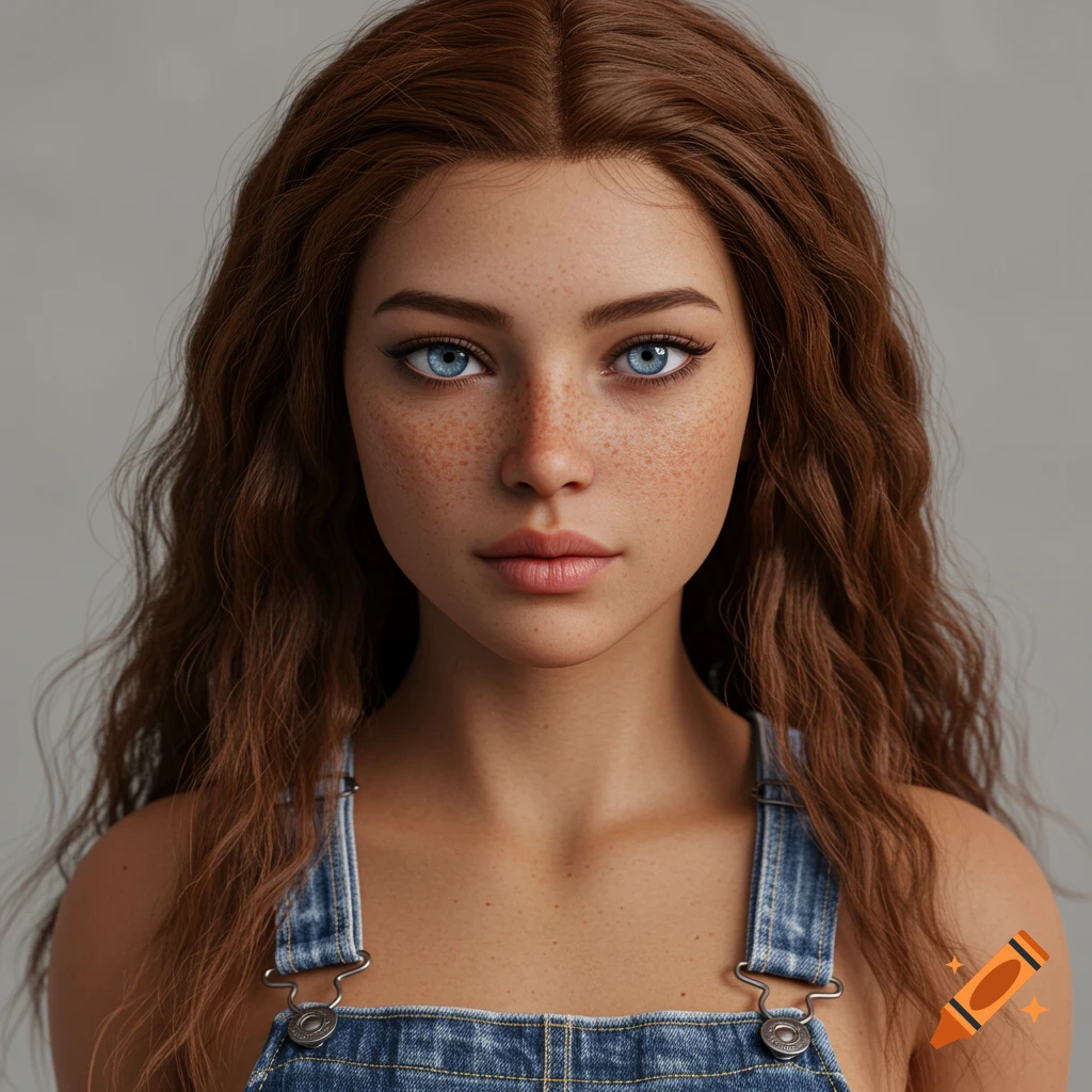 A realistic digital portrait of a young woman with auburn hair, blue eyes, and freckles wearing denim overalls.