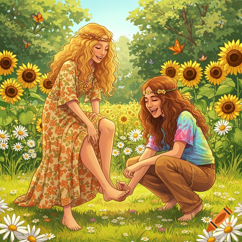 Two barefoot hippie women laughing in a sunflower and daisy garden, one tickling the other's foot. Stylized.
