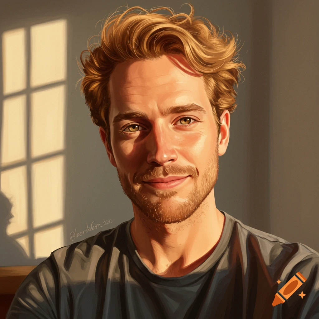 A man with strawberry blonde hair is smiling in window light.