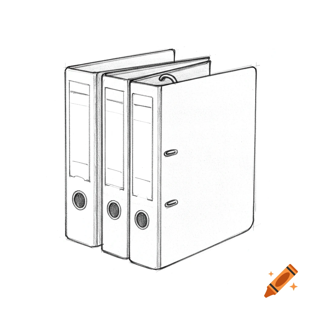 A black and white pencil sketch of three ring binders.