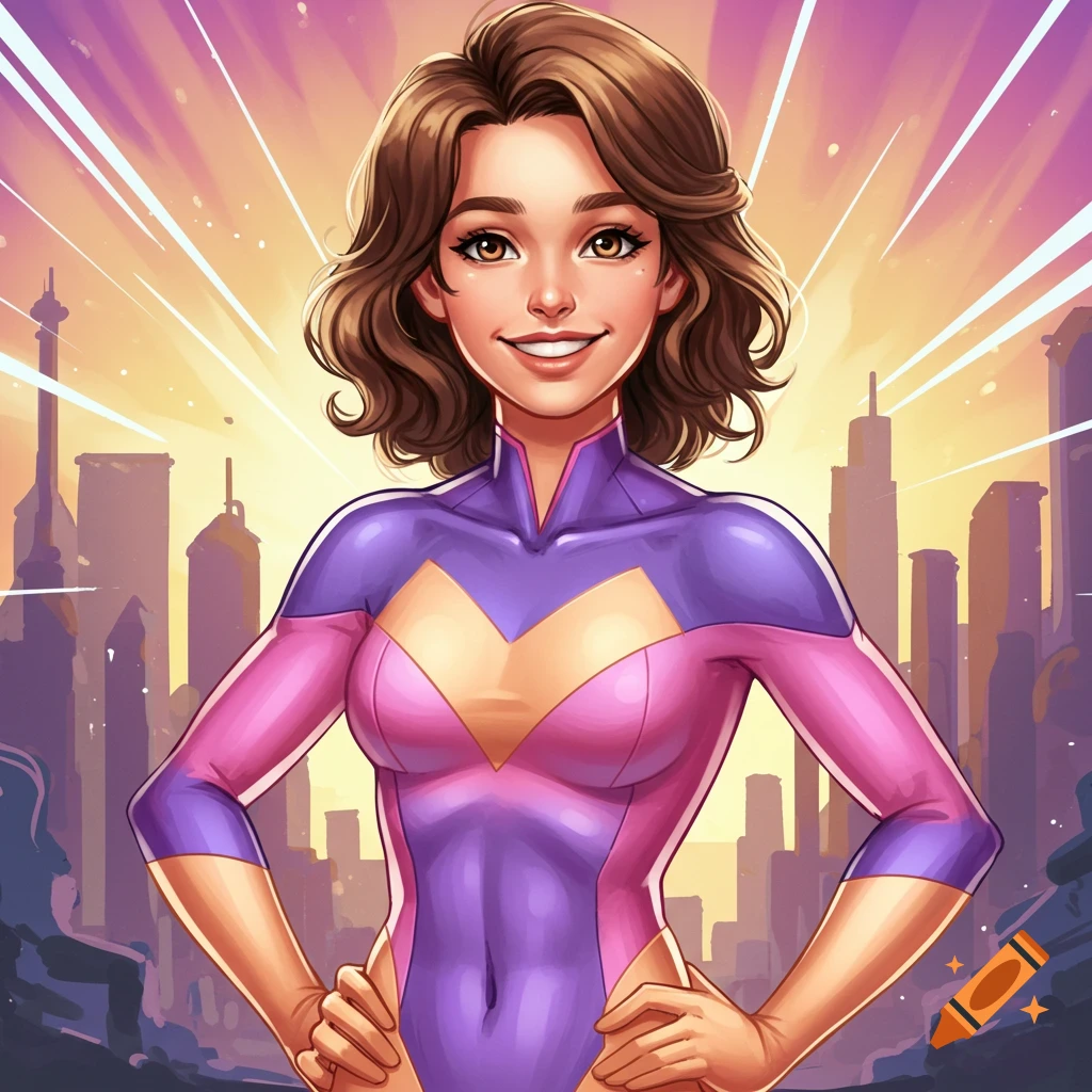 A smiling superhero girl in a purple and pink costume standing in front of a cityscape at sunset.