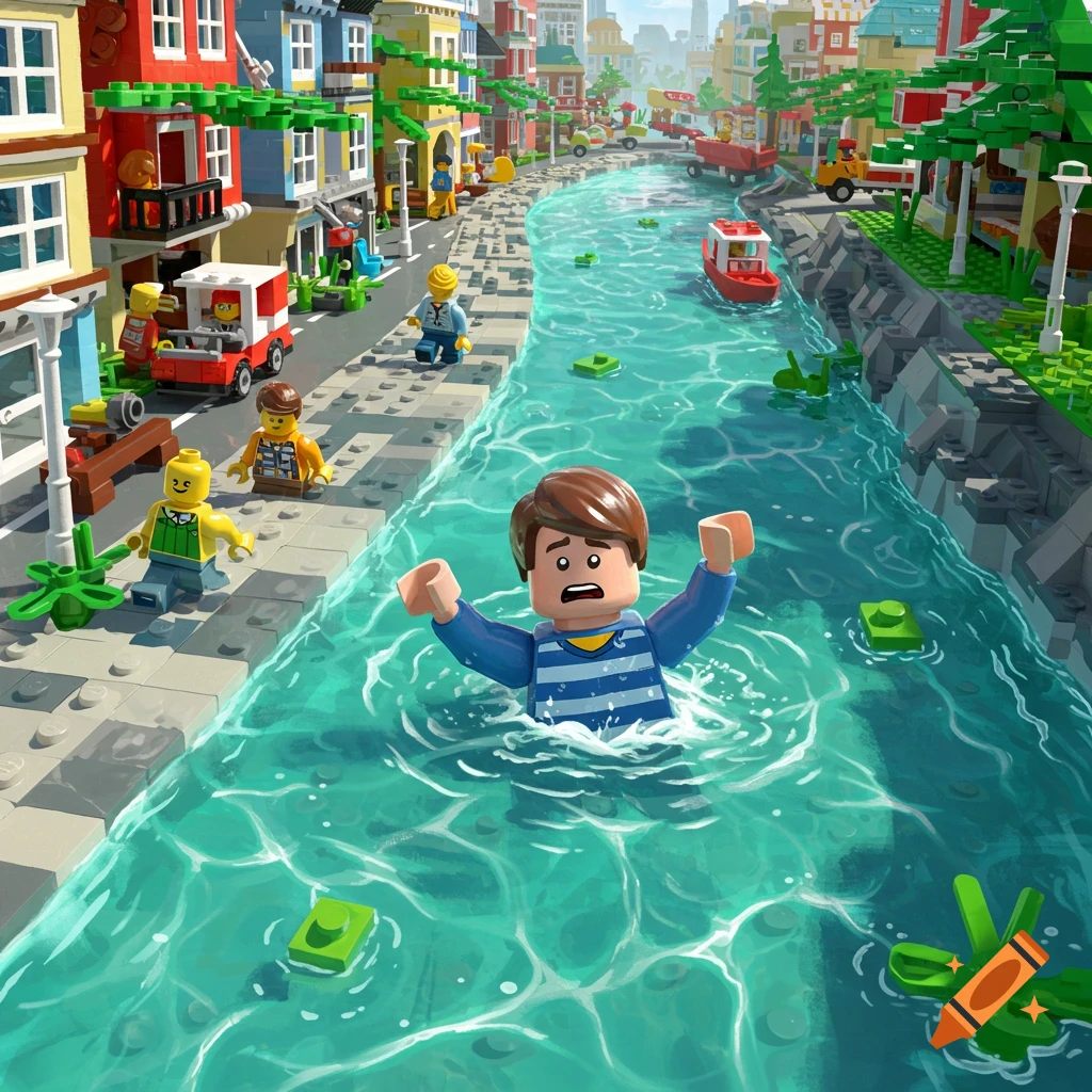 A LEGO figure struggles in a river flowing through a colorful Lego city.