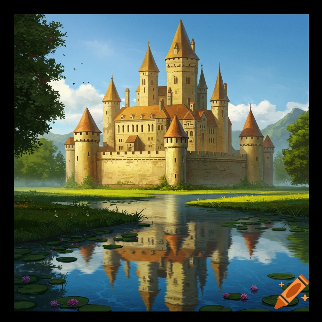 A fantasy castle stands beside a river dotted with lily pads, its reflection mirroring in the water.