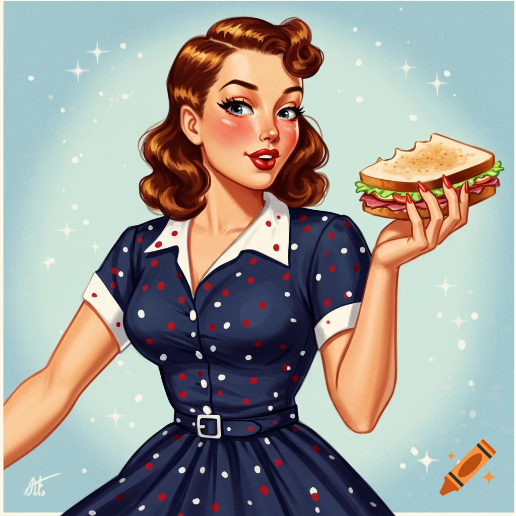 Vintage style digital illustration of a pin-up woman in a polka dot dress holding a sandwich.