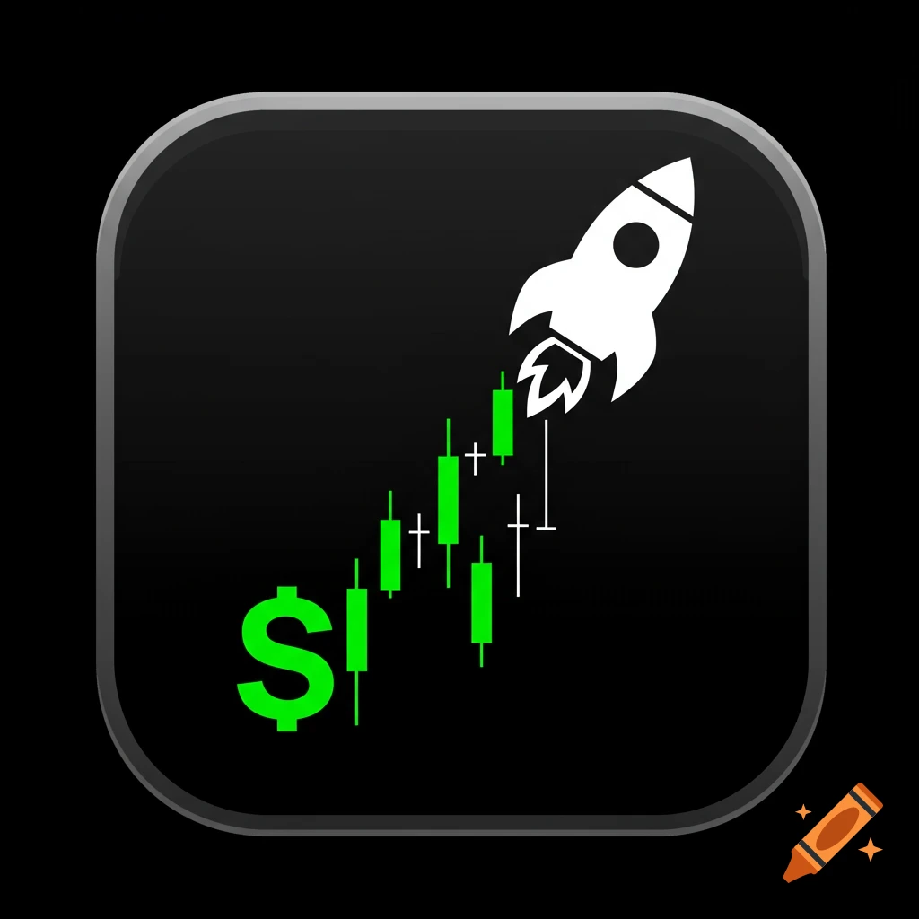 App icon with white rocket, green dollar sign, and candlestick chart trail on black background.