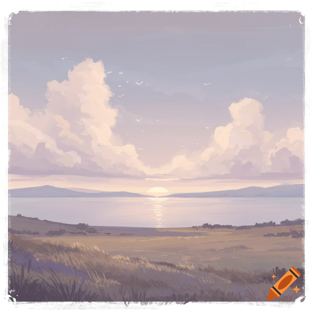 A serene landscape with a sunset over water, misty mountains, and grassy foreground, in pale, muted colors.