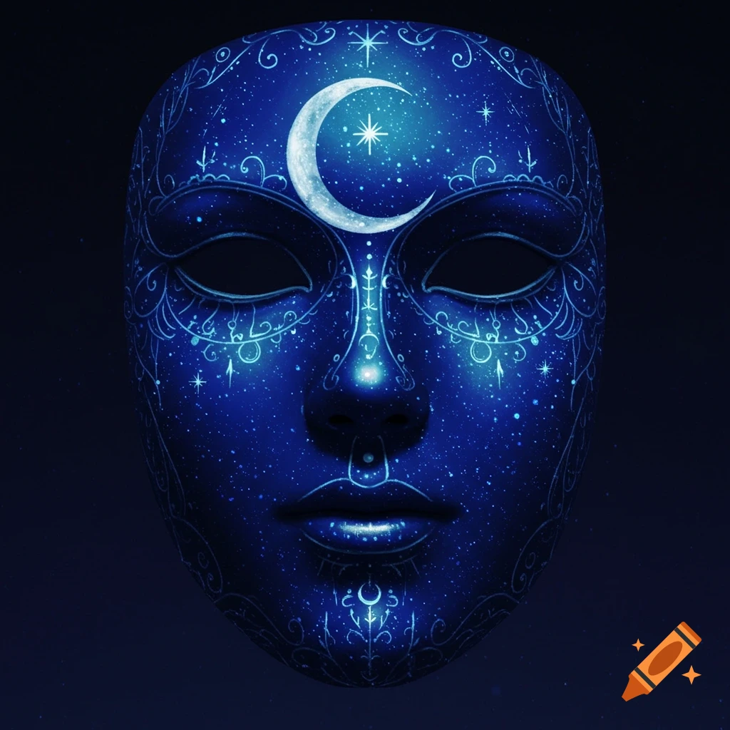A blue mask decorated with white celestial patterns, stars, and a crescent moon.