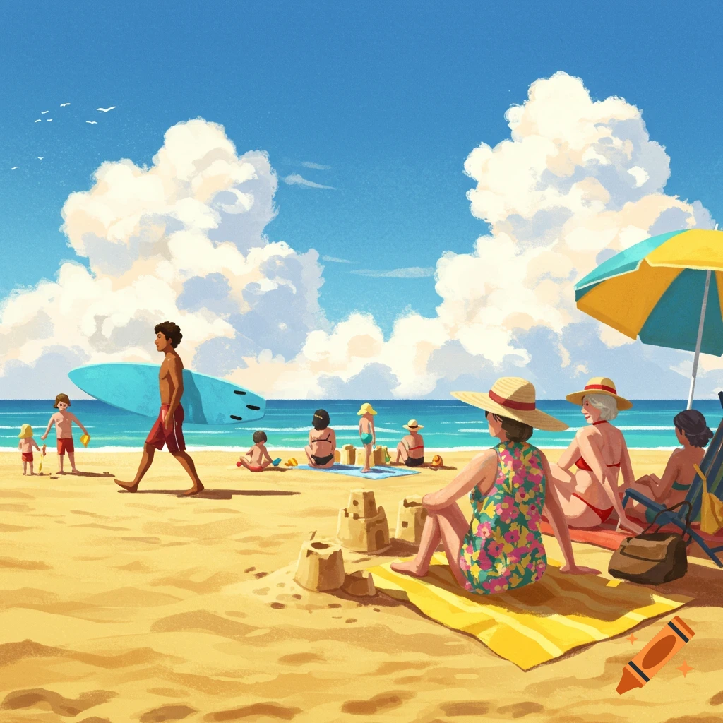 People enjoying a sunny day at the beach, with sandcastles and a surfboard visible.