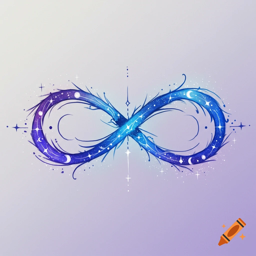 A blue and purple infinity symbol decorated with stars and crescent moons, on a gradient background.