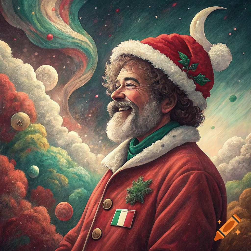Painting of a smiling Santa Claus in a red coat and hat within a swirling, colorful celestial sky.