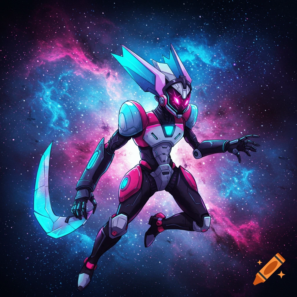 A sci-fi robot character in pink and black armor floats in space with a glowing blade.