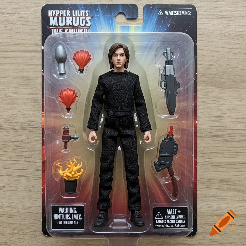 Action figure of a young man in black clothing in plastic packaging with accessories.