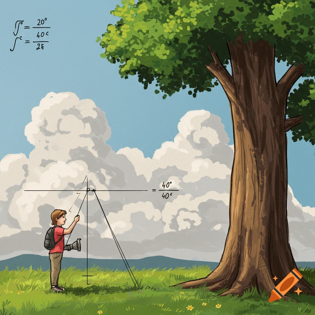 A person uses a device to measure the height of a large tree. Mathematical notation is shown in the sky.