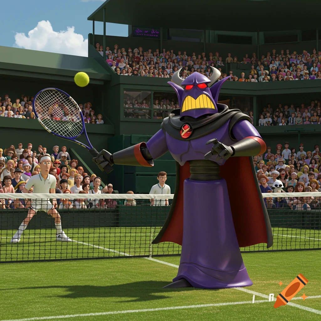 Emperor Zurg plays tennis against a human player in a cartoon stadium.
