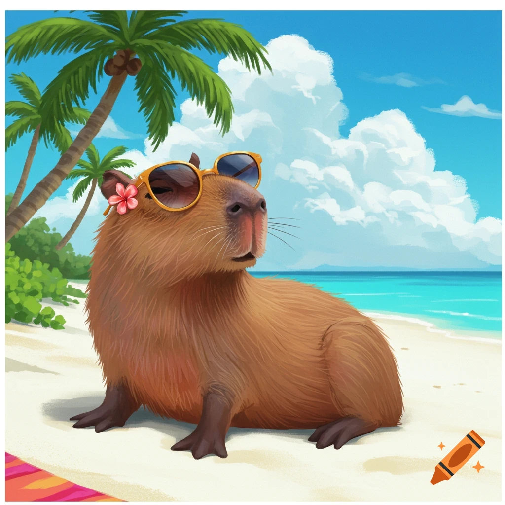 a capybara wearing sunglasses on a beach under palm trees