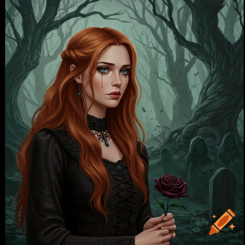 A crying red-haired woman holds a rose in a gothic graveyard