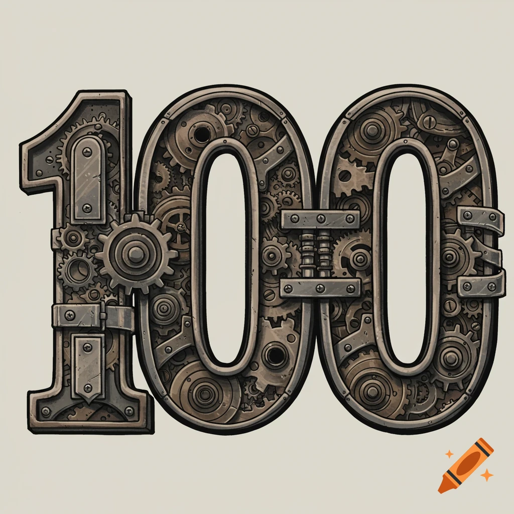 The number 100 stylized in steampunk fashion with gears and metal.