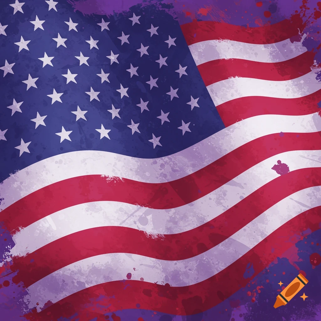 Waving American flag with red and purple paint splashes.