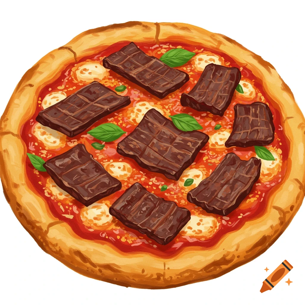 A pizza topped with beef jerky slices and basil leaves.