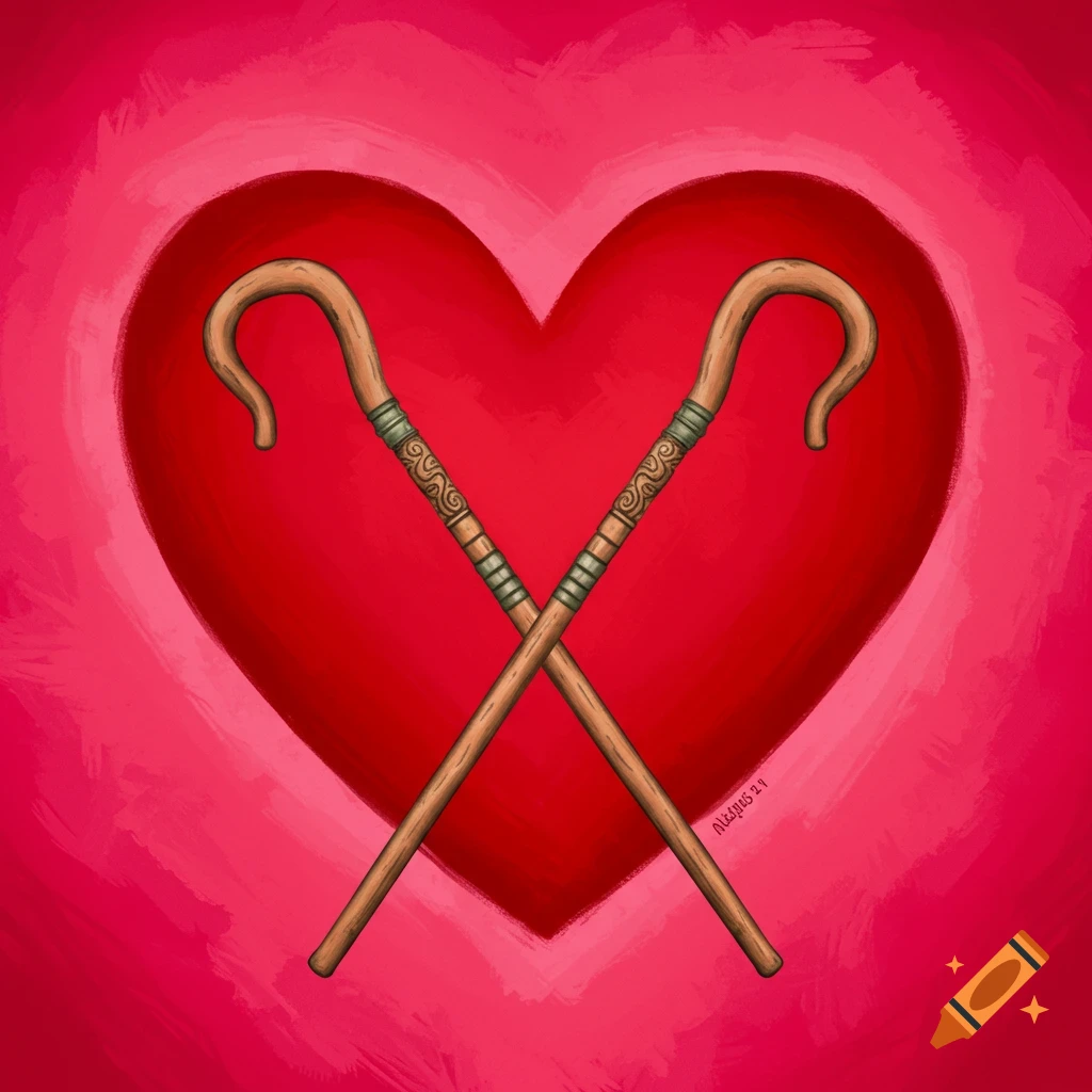 Two crossed shepherd's staffs are depicted over a red heart background.