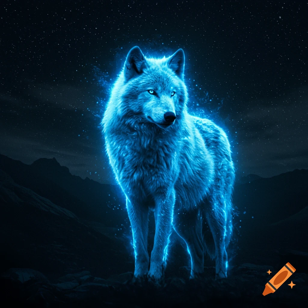 A blue glowing wolf stands on rocks under a starry night sky.