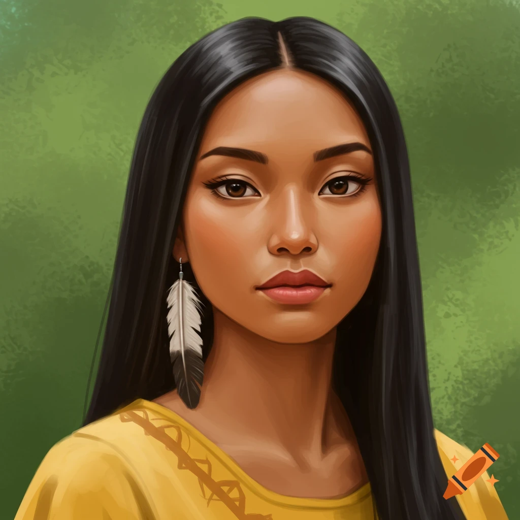 Young woman with long black hair and a feather earring, wearing a yellow blouse.