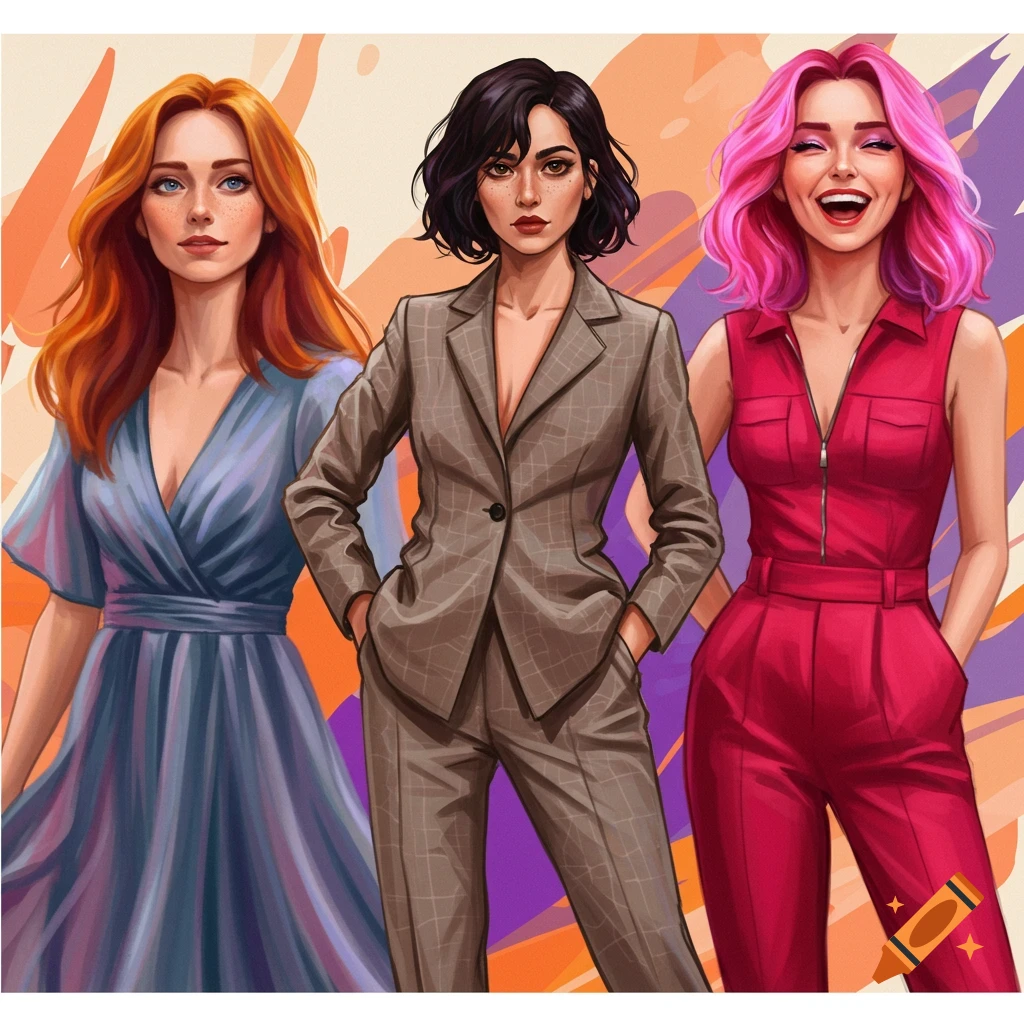 Three women stand together: one with red hair in a blue dress, one in a plaid suit, and one with pink hair in a red jumpsuit.