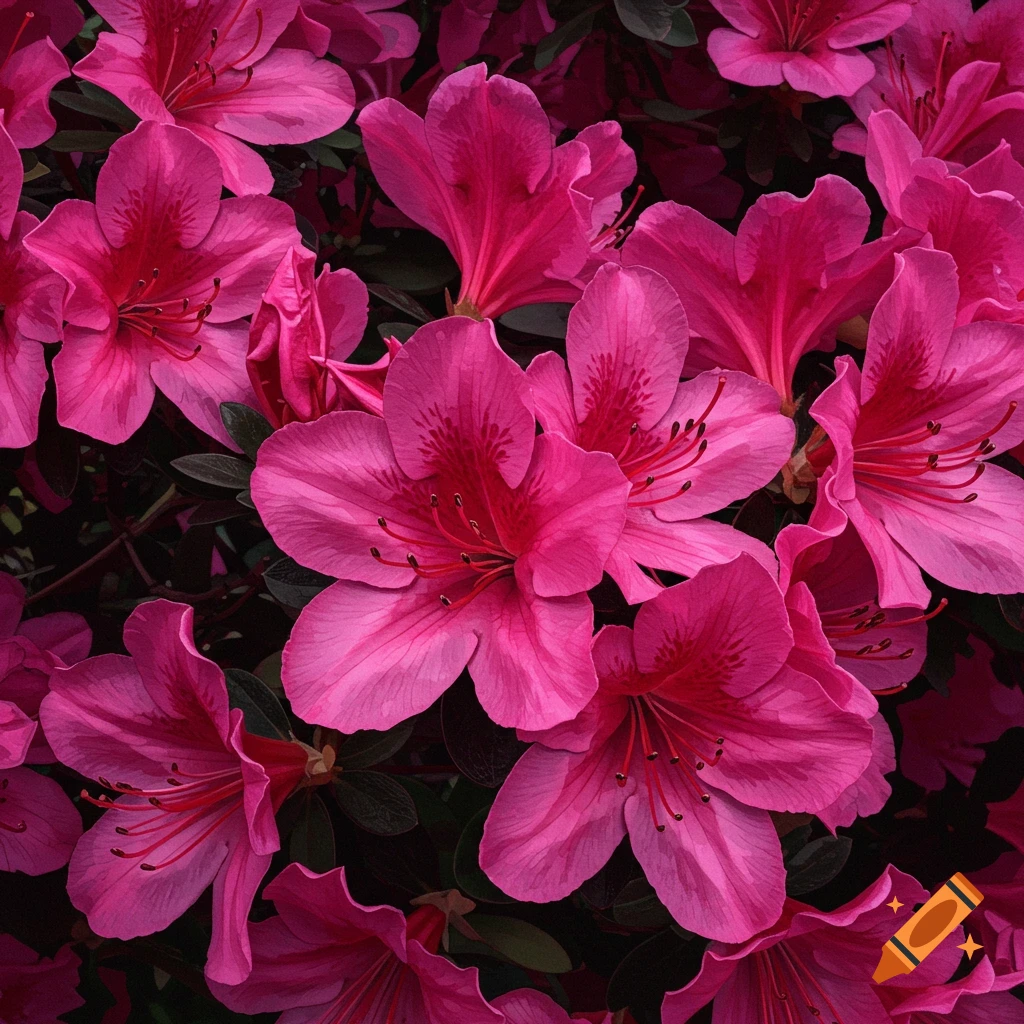 Close-up of vibrant pink azalea flowers with dark green leaves.