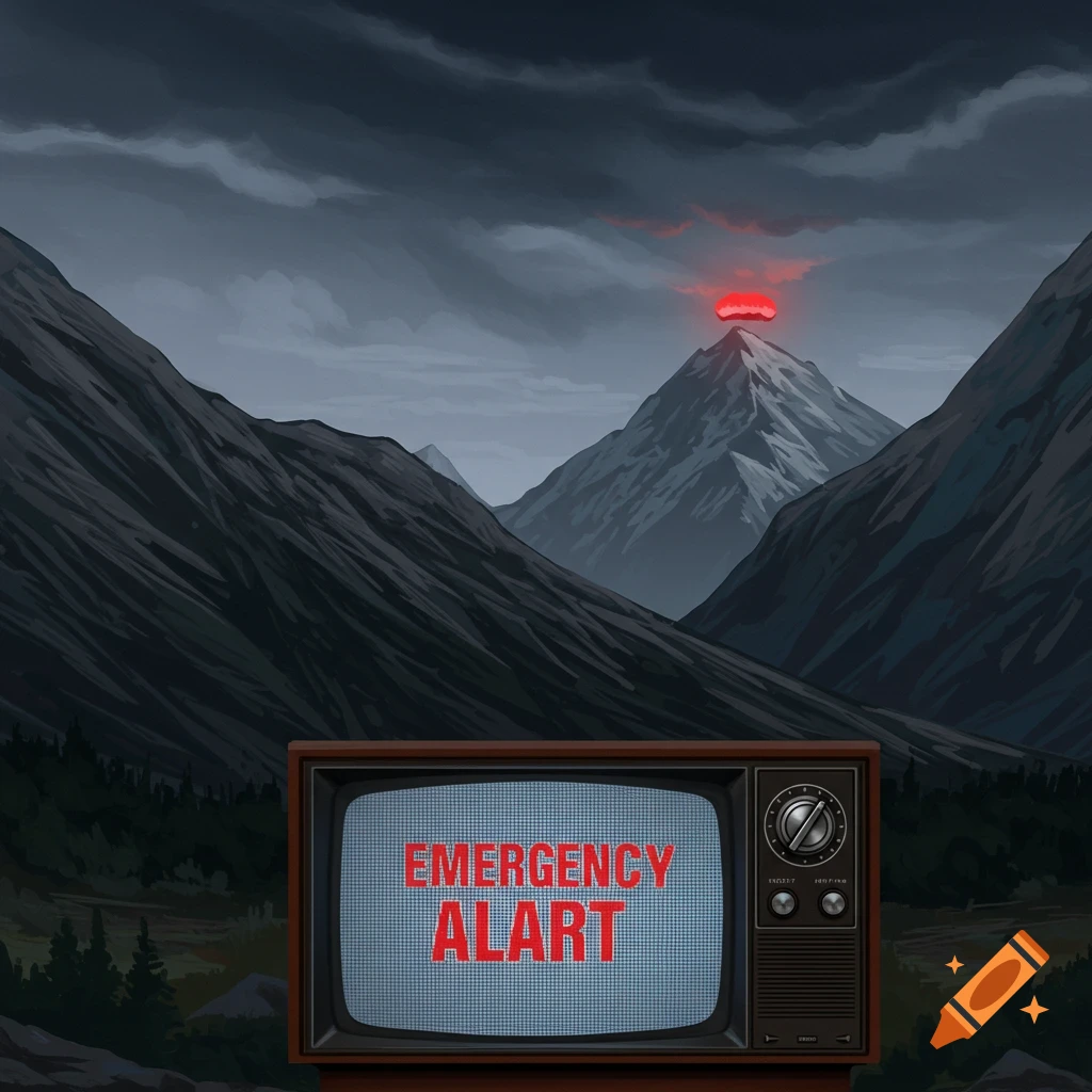 A landscape with mountains under dark clouds, a glowing red peak, and a vintage television displaying 'EMERGENCY ALART'.