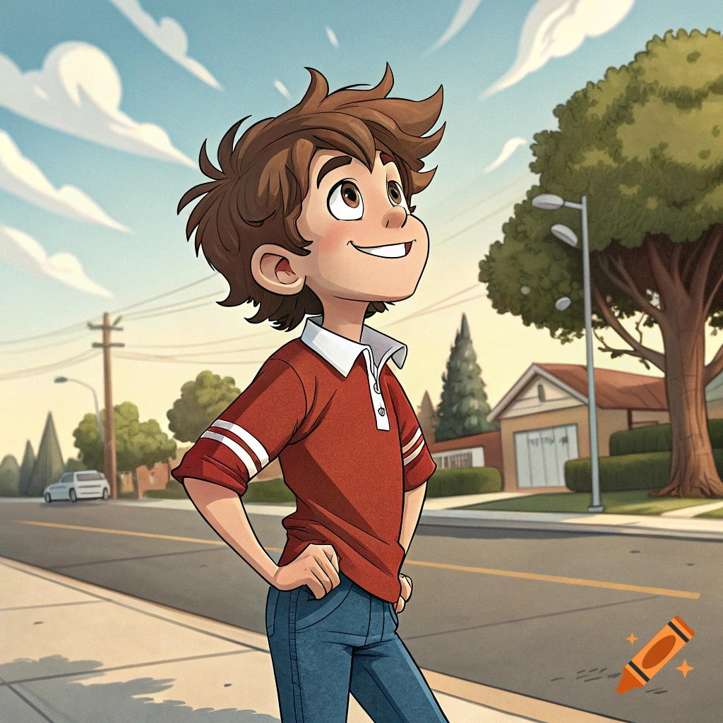 Cartoon illustration of a young boy in a red shirt and jeans standing on a street looking up at the sky.
