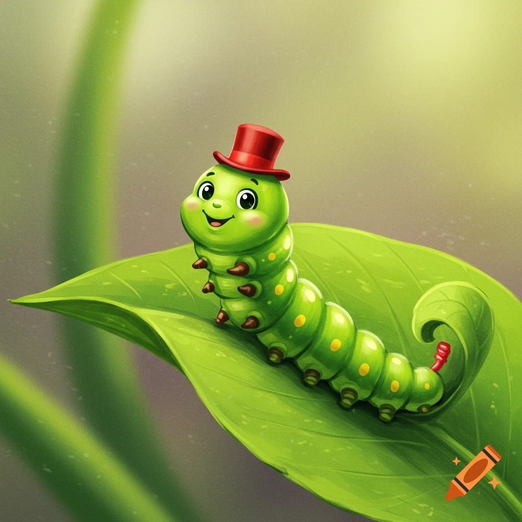 A cute cartoon caterpillar wearing a red top hat sits on a green leaf.