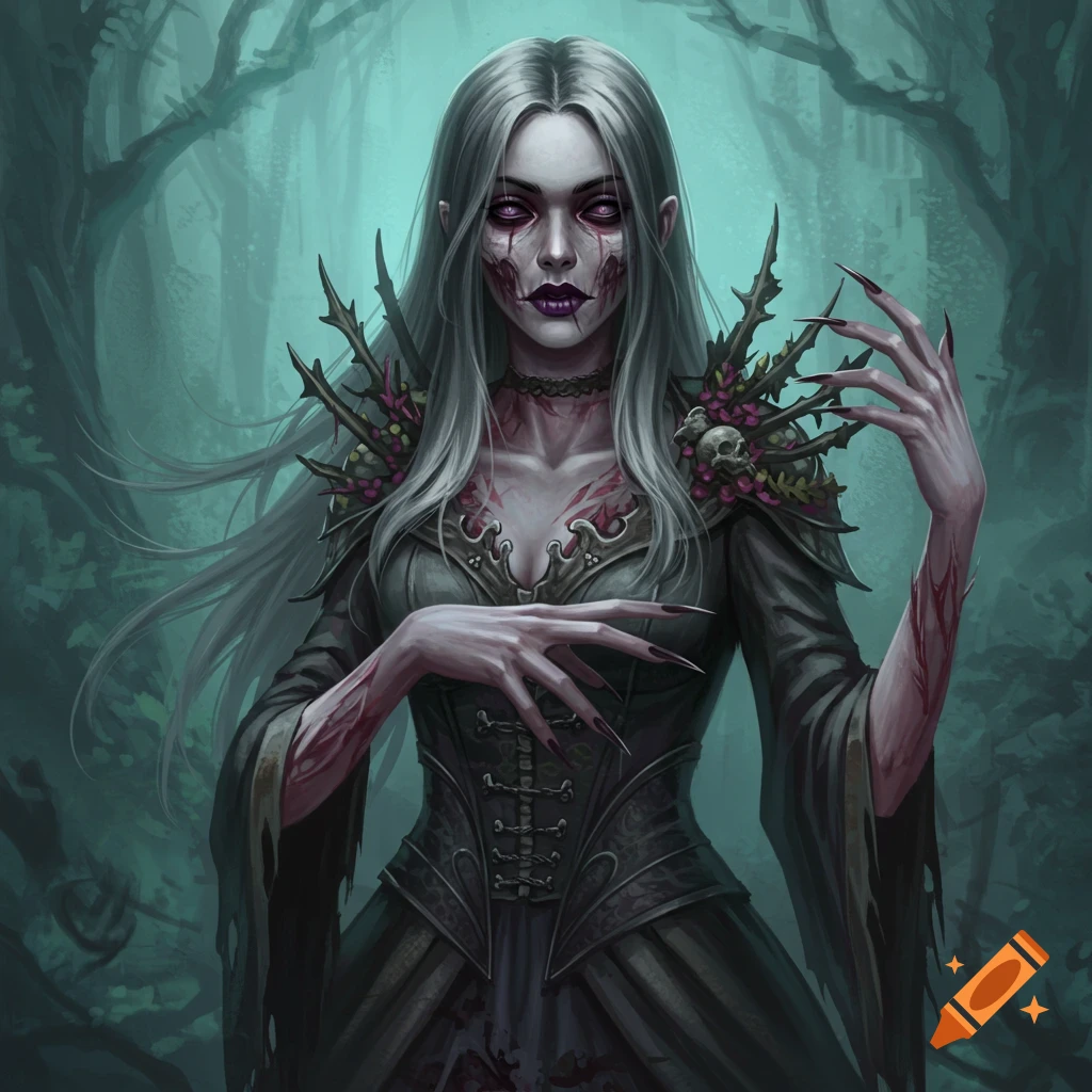 An undead woman with long white hair, sharp fingers, and decayed skin stands in a dark forest.