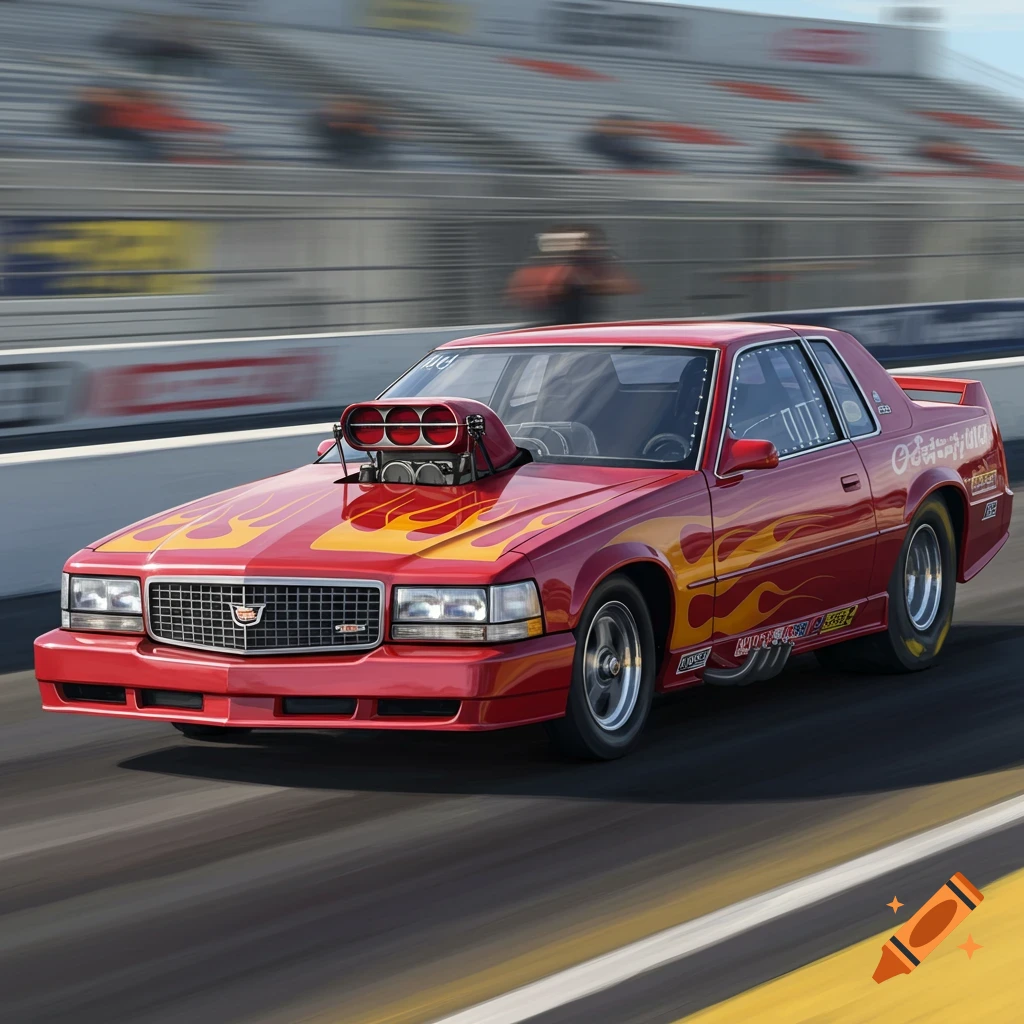 Red Cadillac funny car with flames racing on a drag strip with motion blur.