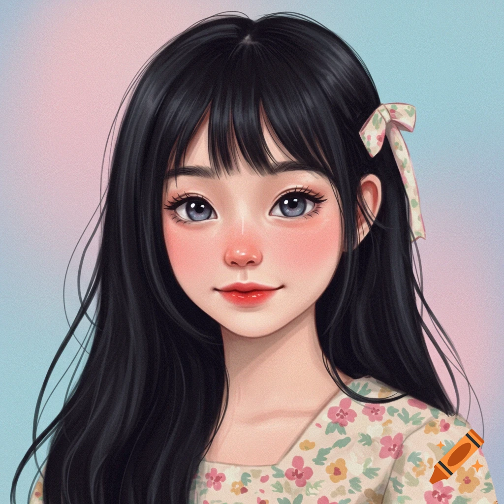 Portrait of a young girl with long black hair and blue eyes.