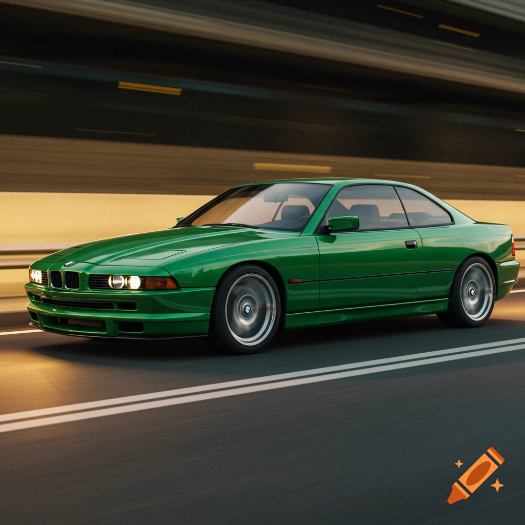A green BMW 8-series coupe drives on a road