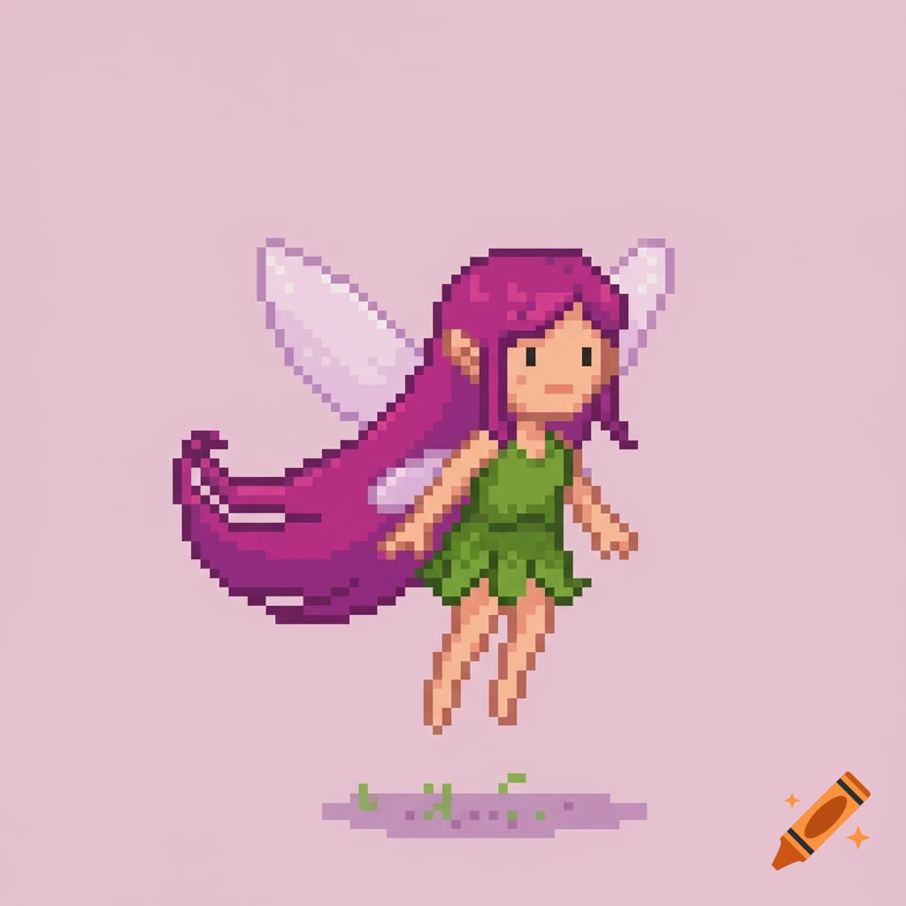 Pixel art fairy with purple hair and green dress floats above the ground.