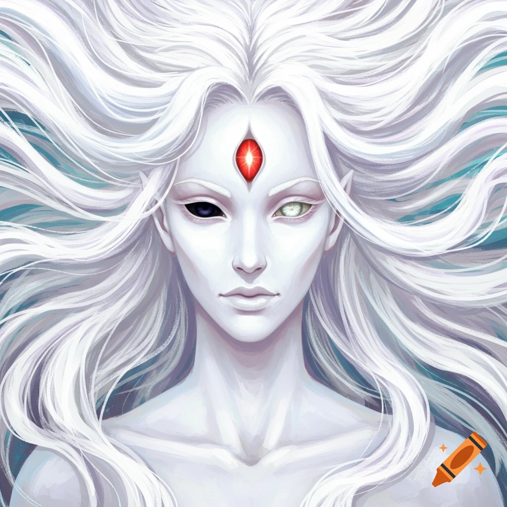 A white-skinned fantasy figure with flowing white hair, heterochromia eyes, and a red third eye.