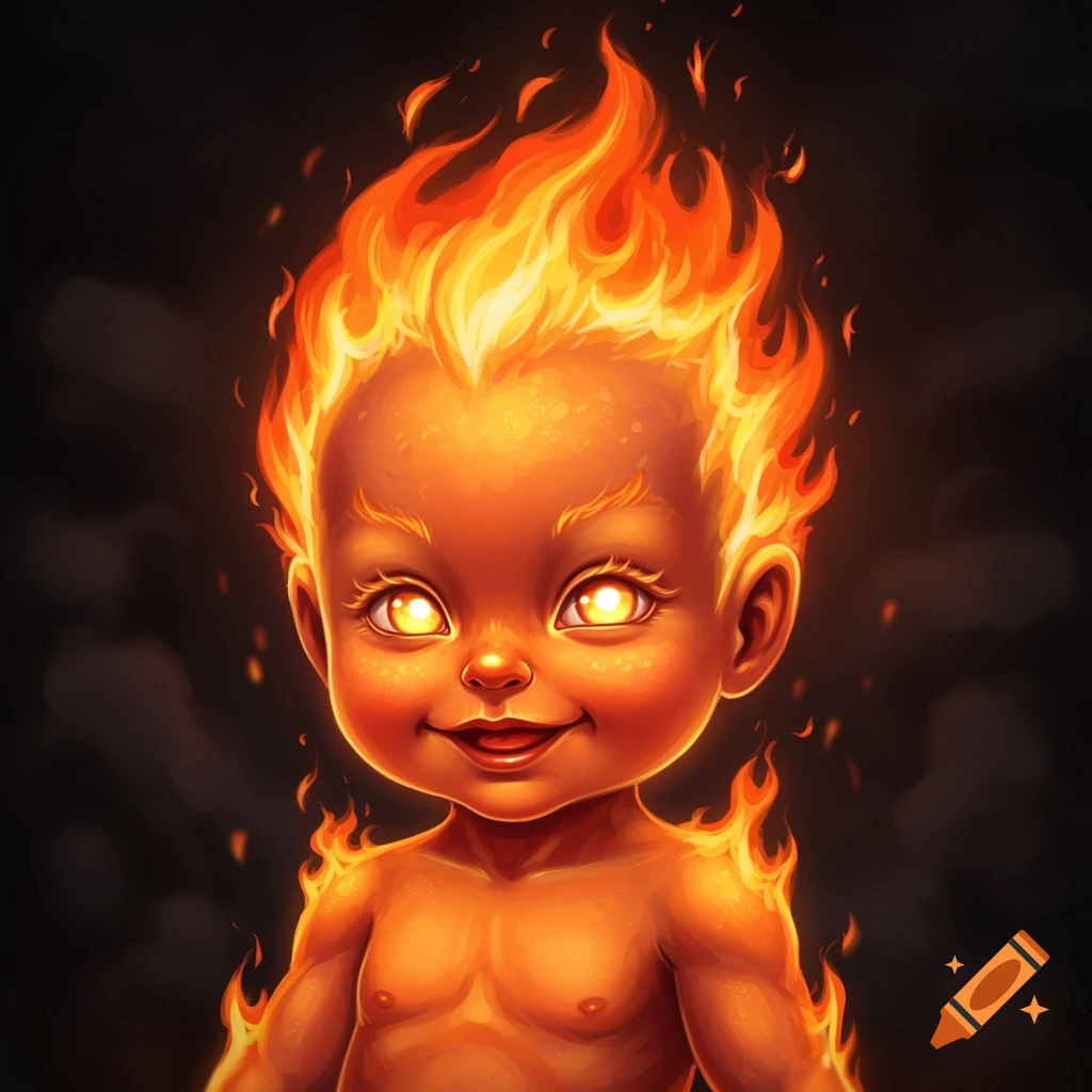 A smiling fire baby with flames for hair and glowing eyes.