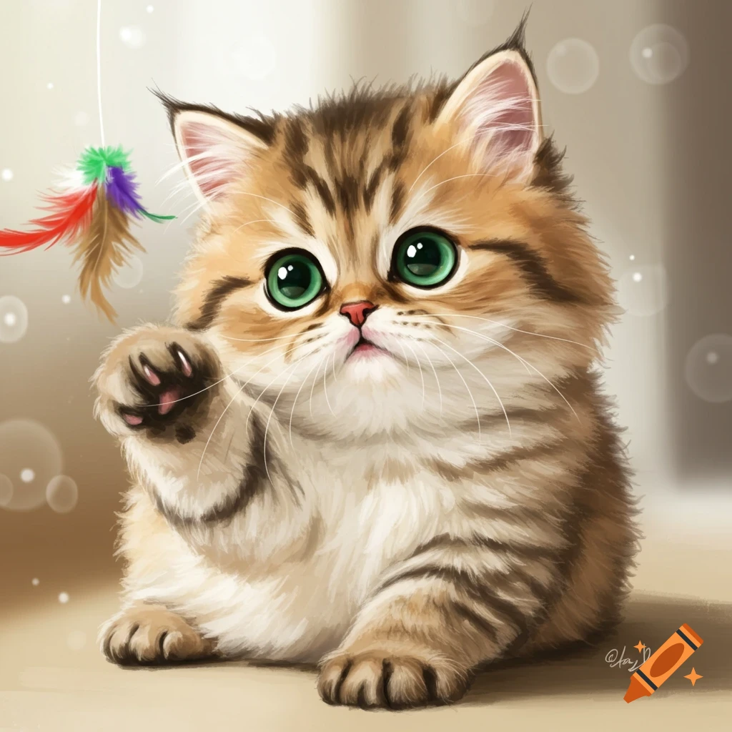 A fluffy kitten with big green eyes batting at a feather toy.