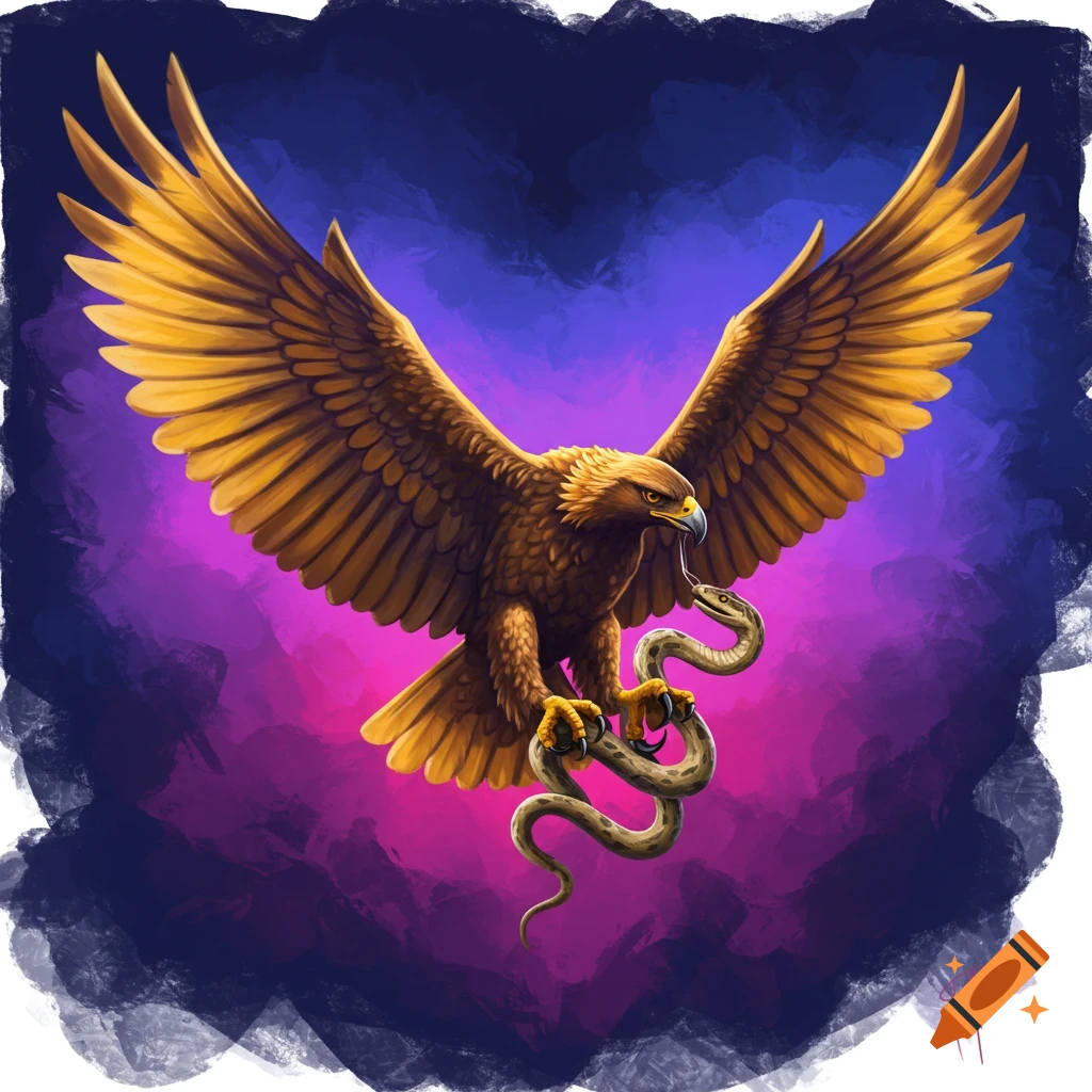 A golden eagle holds a snake with wings spread against a purple and blue background.