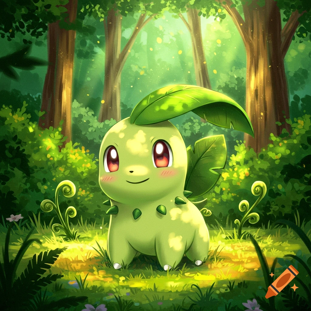 Chikorita in a sunlit forest clearing.