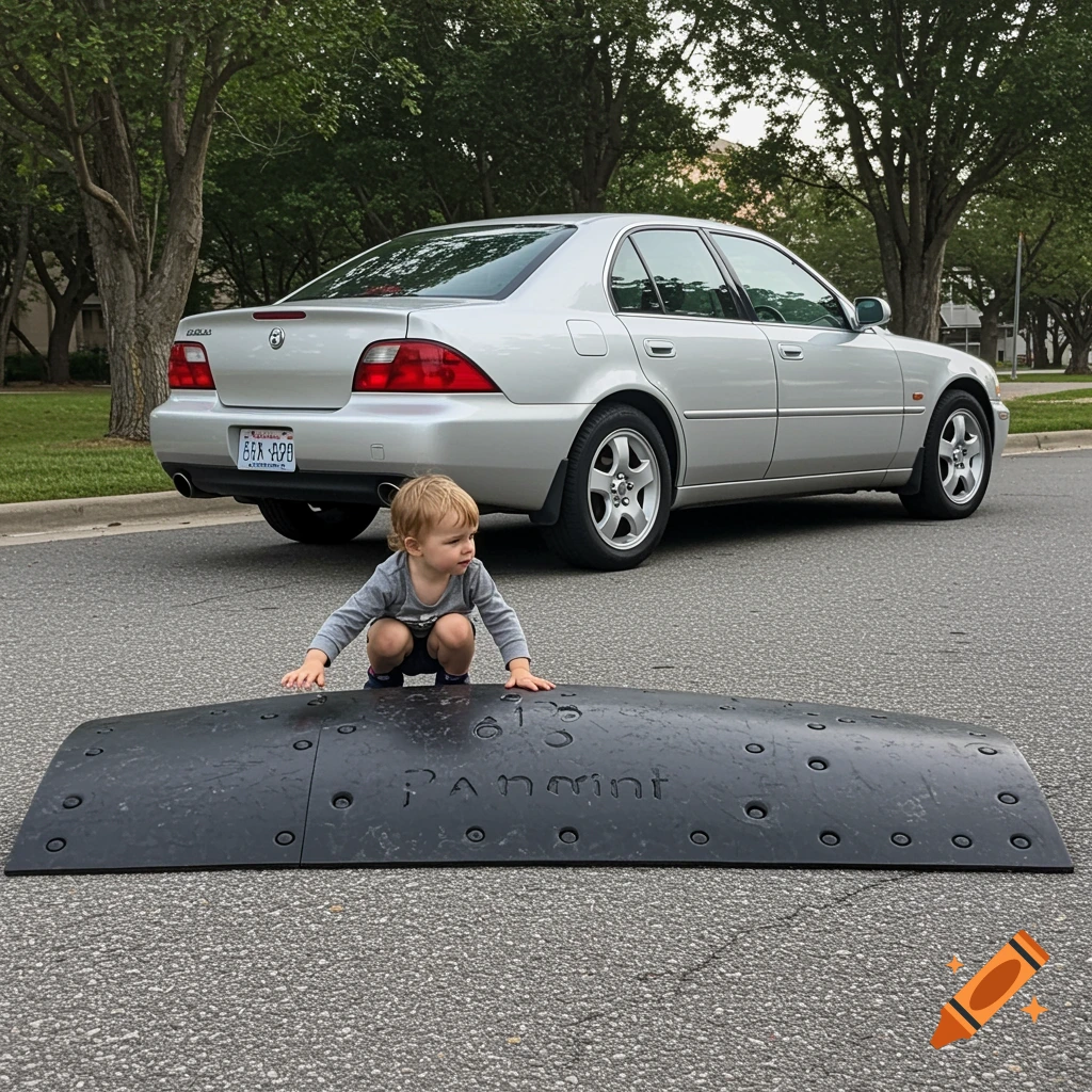 A young child crouches behind a large black object on a road, with a silver car parked behind them.