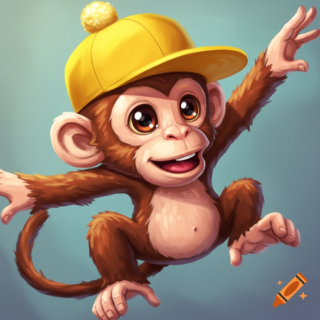 A cute cartoon monkey wearing a yellow baseball cap jumps.