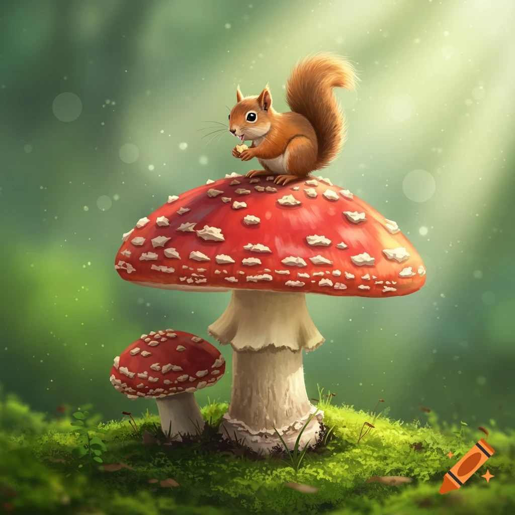 A squirrel sits on a large red mushroom in a forest illustration.