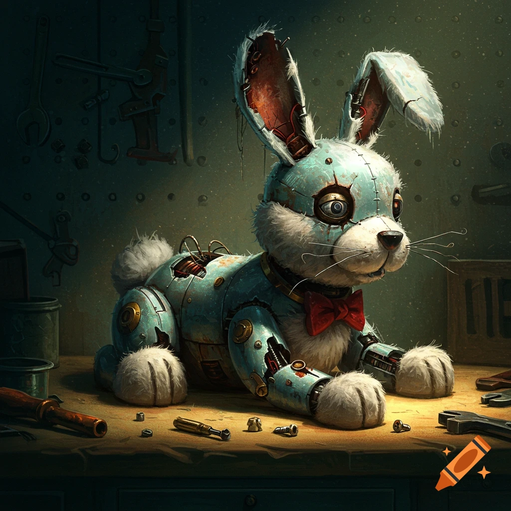 A broken mechanical bunny rabbit is on a workbench surrounded by tools.