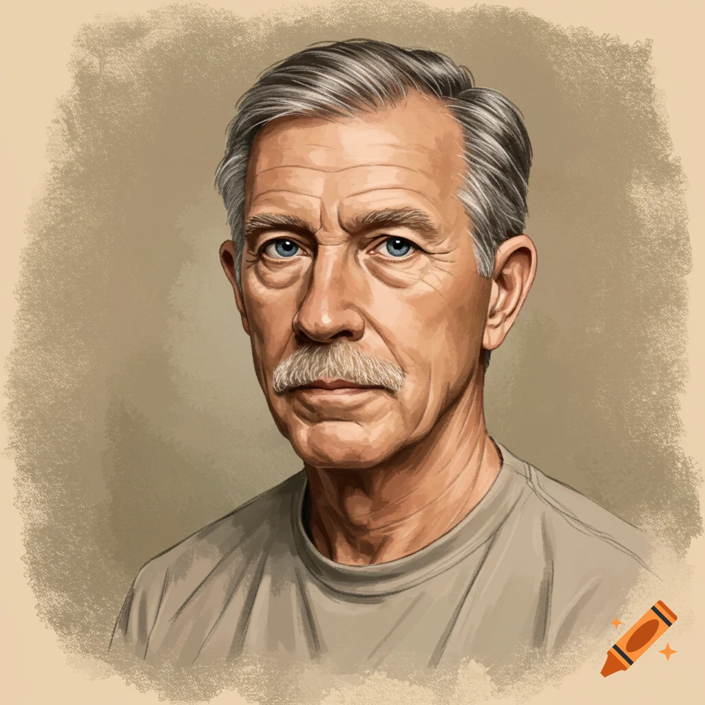 An older man with blue eyes and a mustache.