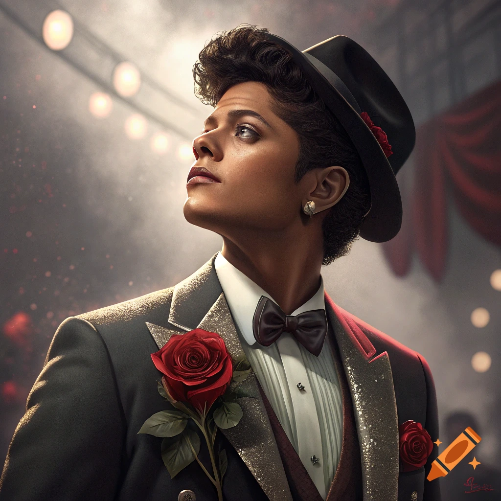 Portrait of a man in a suit and hat with a rose in a theatrical setting.