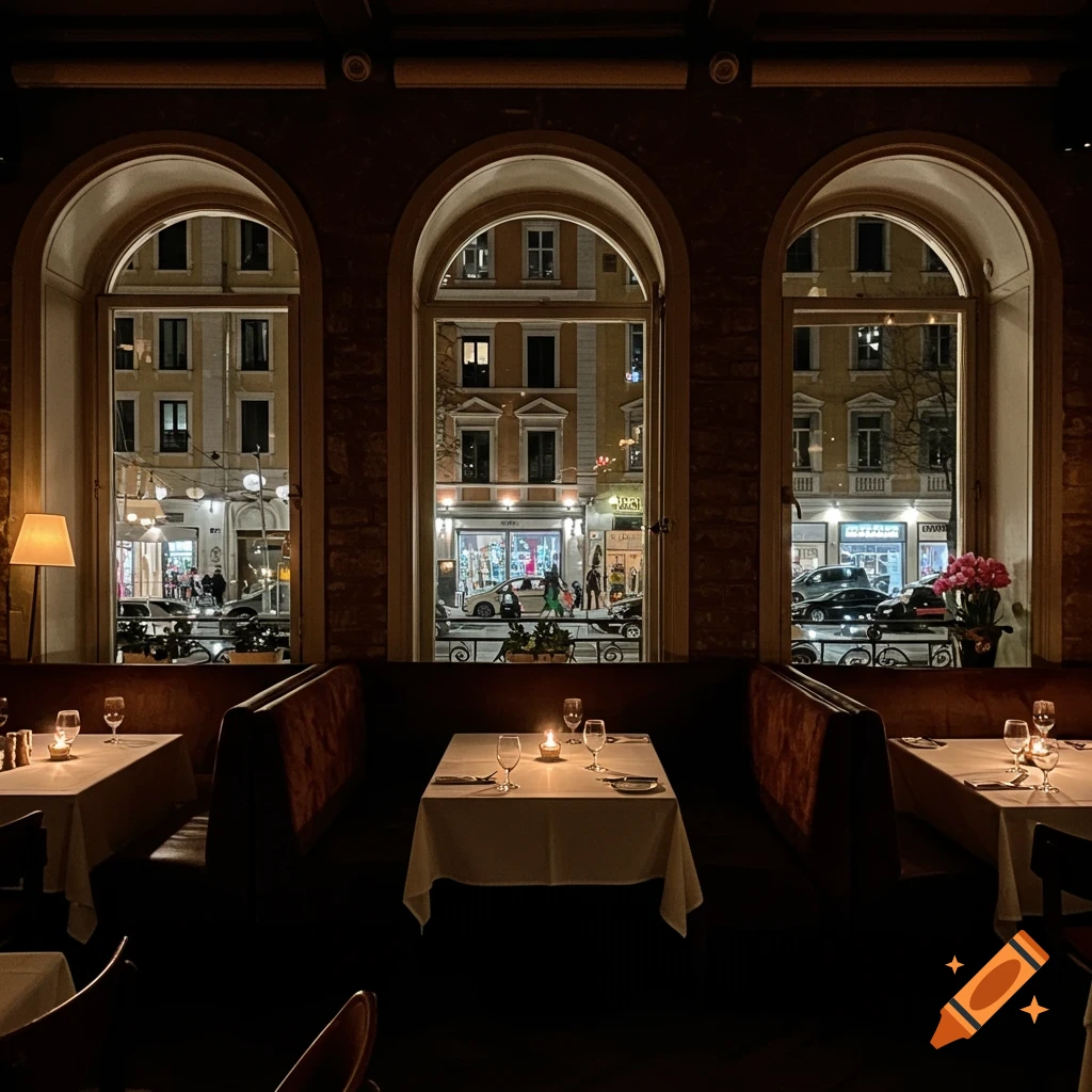View from a restaurant interior through arched windows onto a city street at night, with tables set and lit candles.