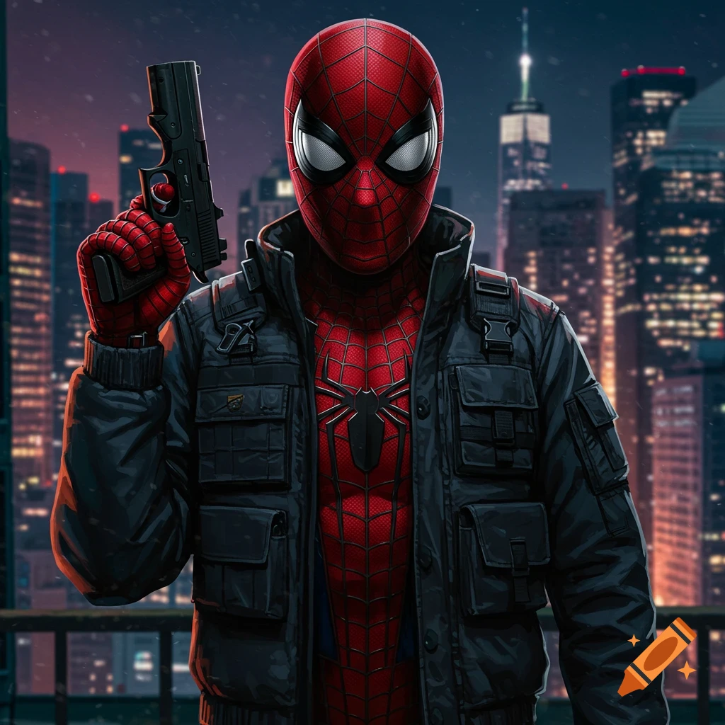 Spider-Man in a black jacket holding a pistol in a city